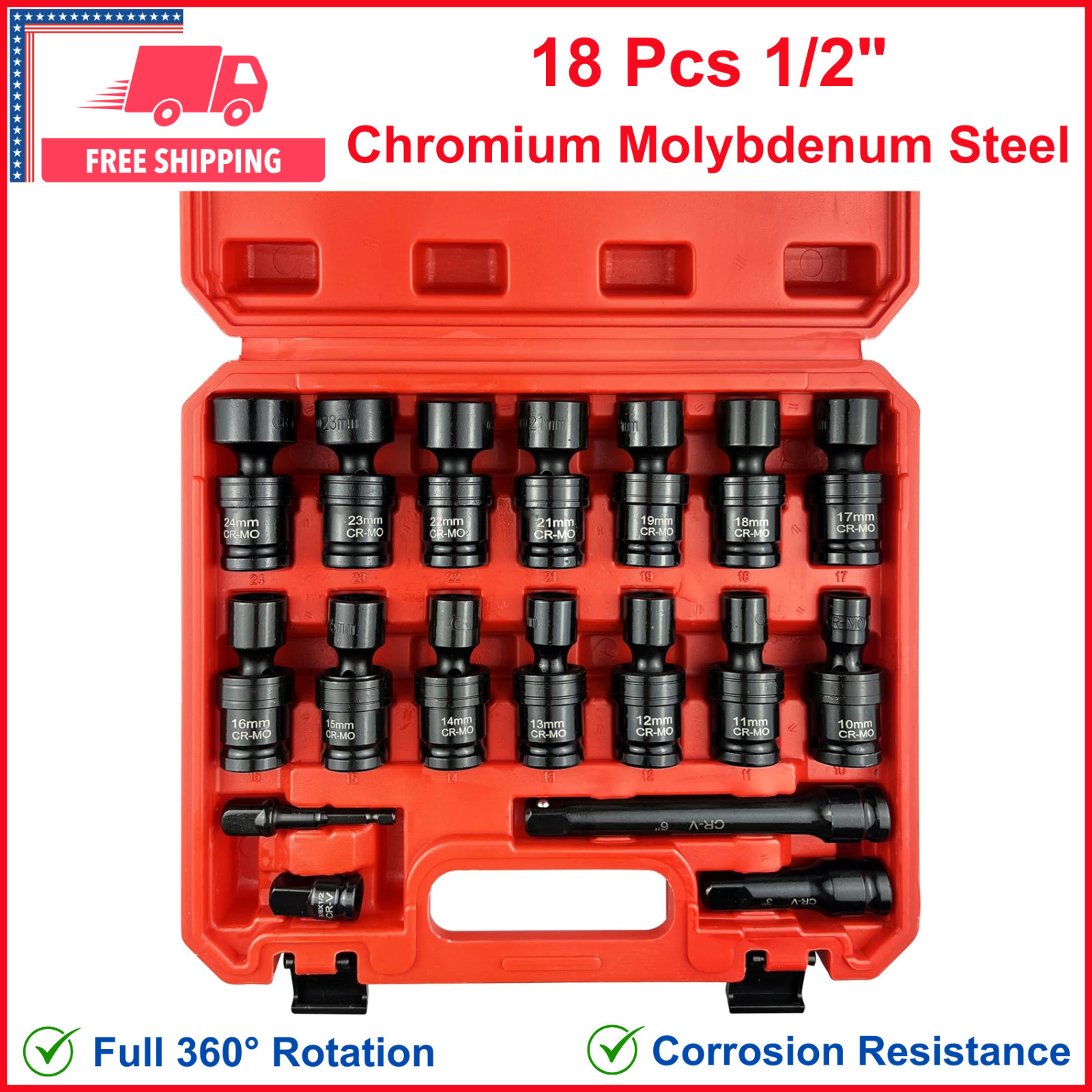 18 Pcs 1/2″ Drive Impact Swivel Socket Set Metric 6 Point Wobble 10-24mm CR-MO