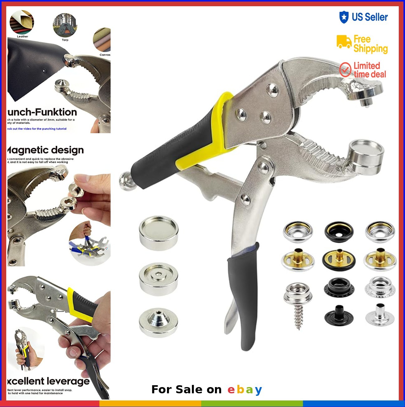 Snap Fastener Tool Heavy Duty Setter Pliers 60 Sets 15mm Stainless Snaps Canvas