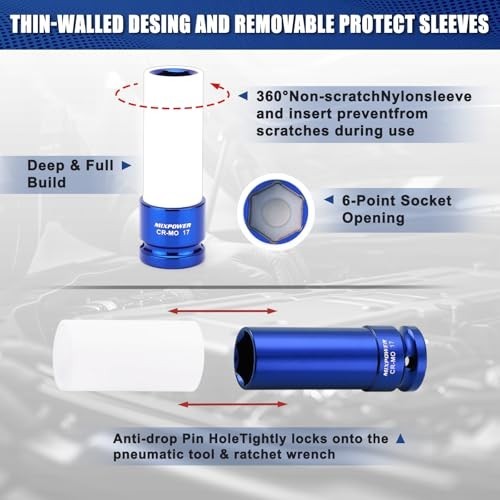 1/2″ Drive Thin Wall Deep Impact Socket Set – 4pcs Lug Nut Protector, 6 Point, M