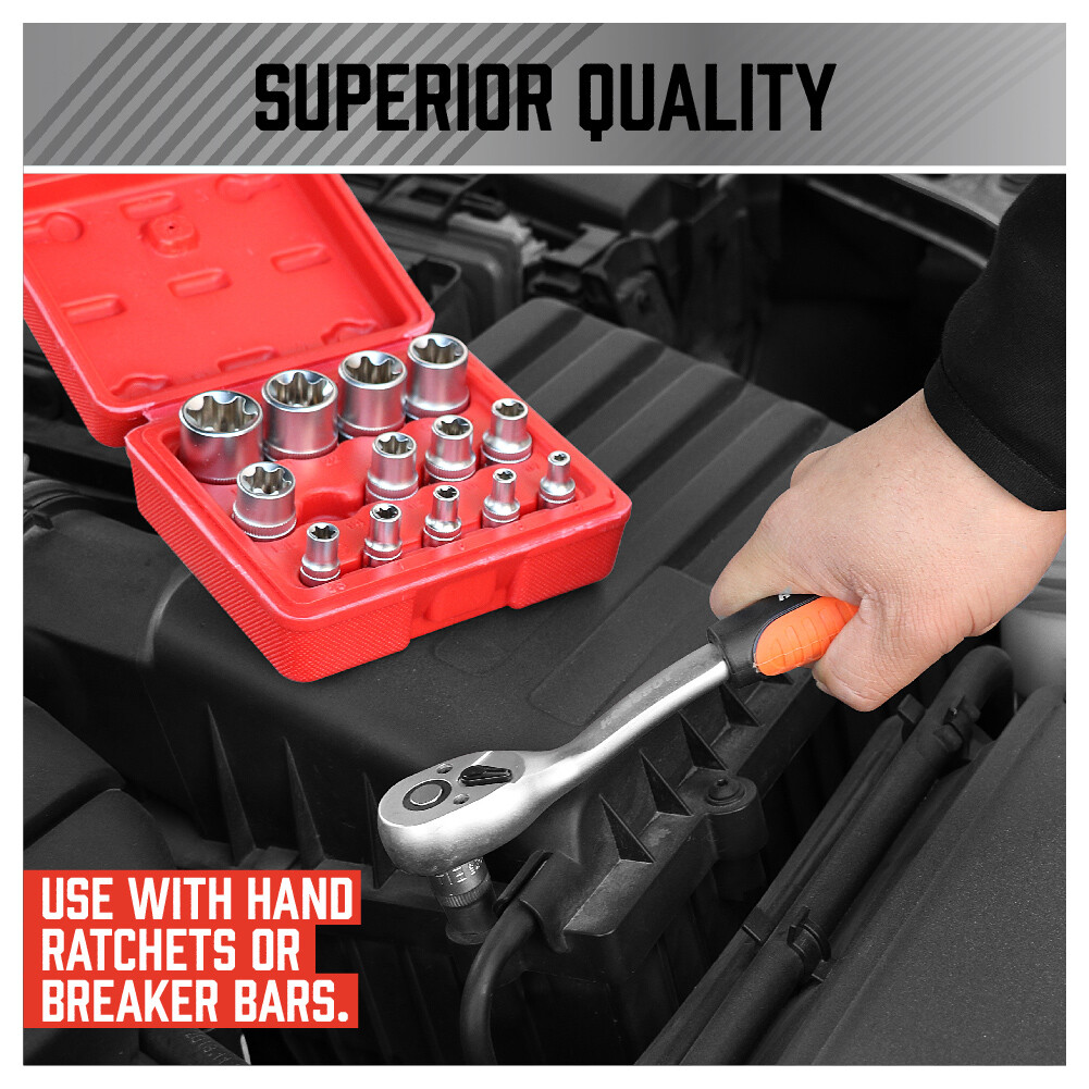 14 Pcs E Torx Star Female Bit Socket Set 1/2″ 3/8″ 1/4″ Drive E4 -E24 with Case