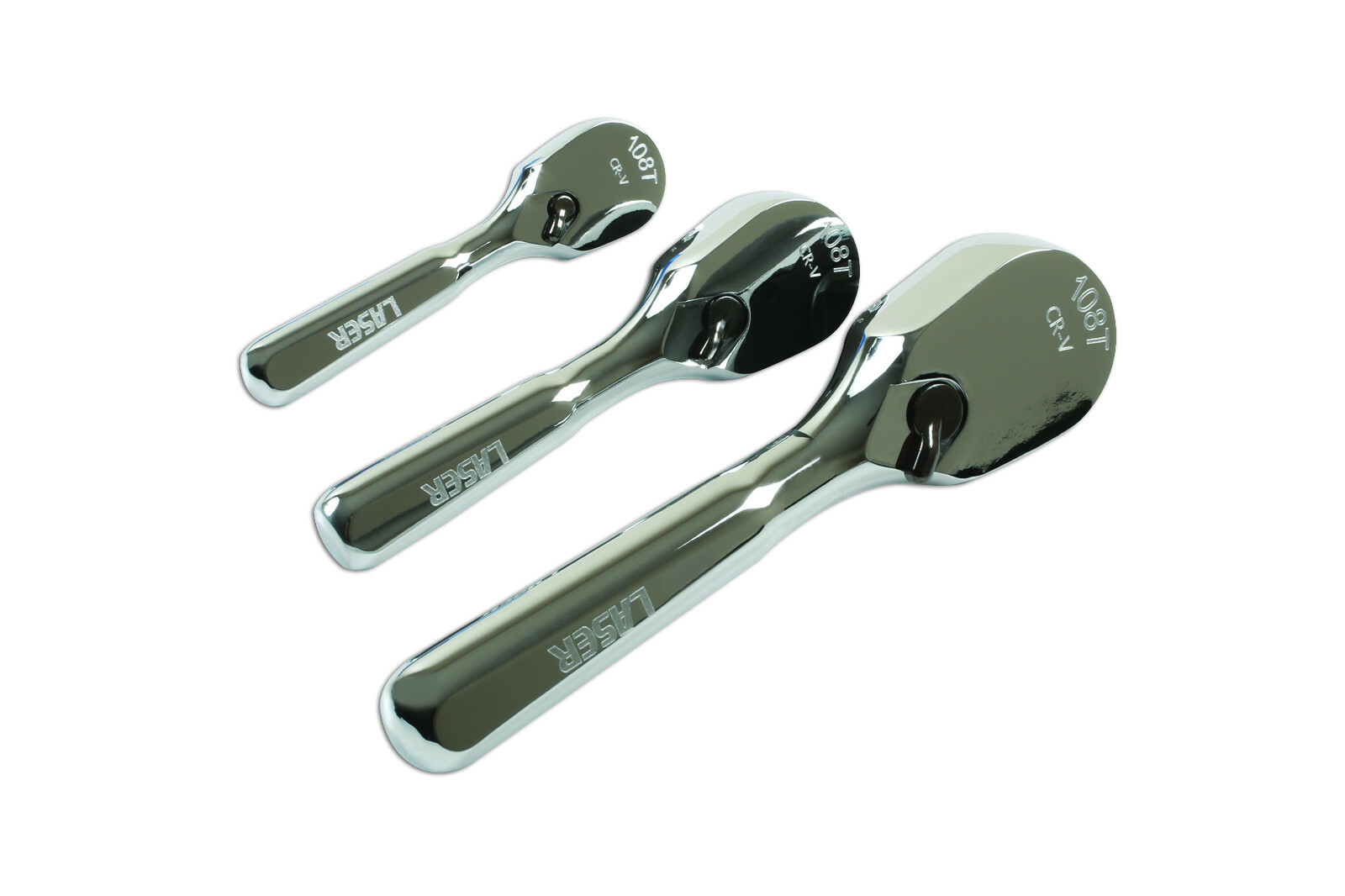 Laser 7388 Stubby Ratchet Set 3pc Fine 108 Teeth 1/4 3/8 1/2 Drive + Foam