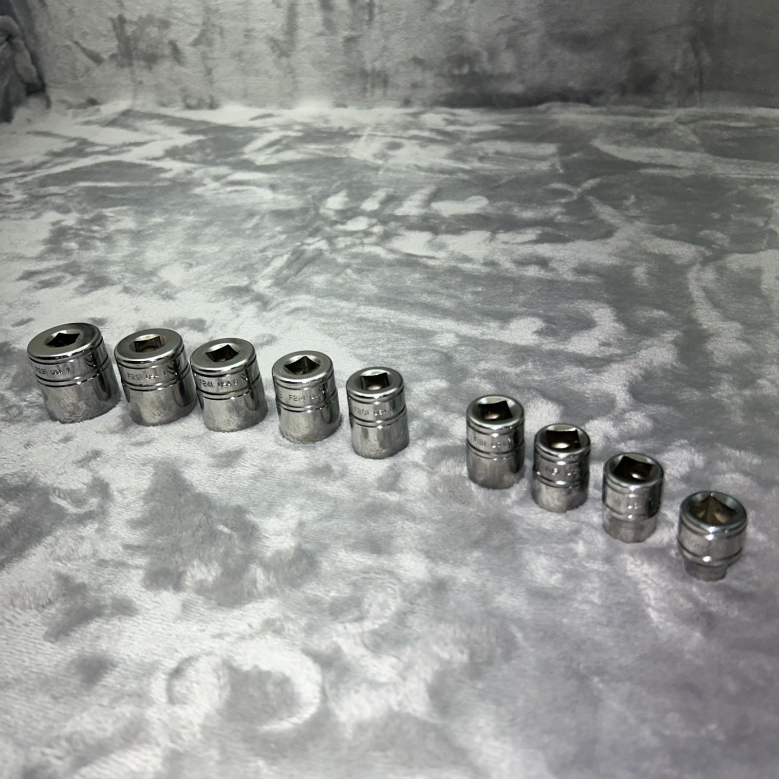 Snap On Tools 9pc Chrome 12pt. SAE Sockets 3/8″ Dr. F1 And F2 7/8-5/16 READ USA
