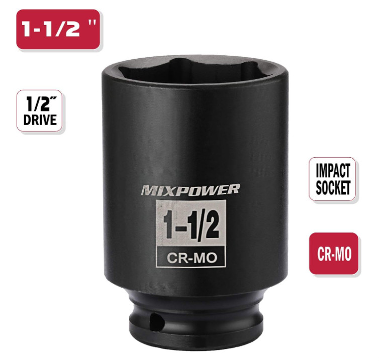 MIXPOWER 1/2 Inch Drive Deep Impact Socket 1-1/2 SAE, 1-1/2, Black
