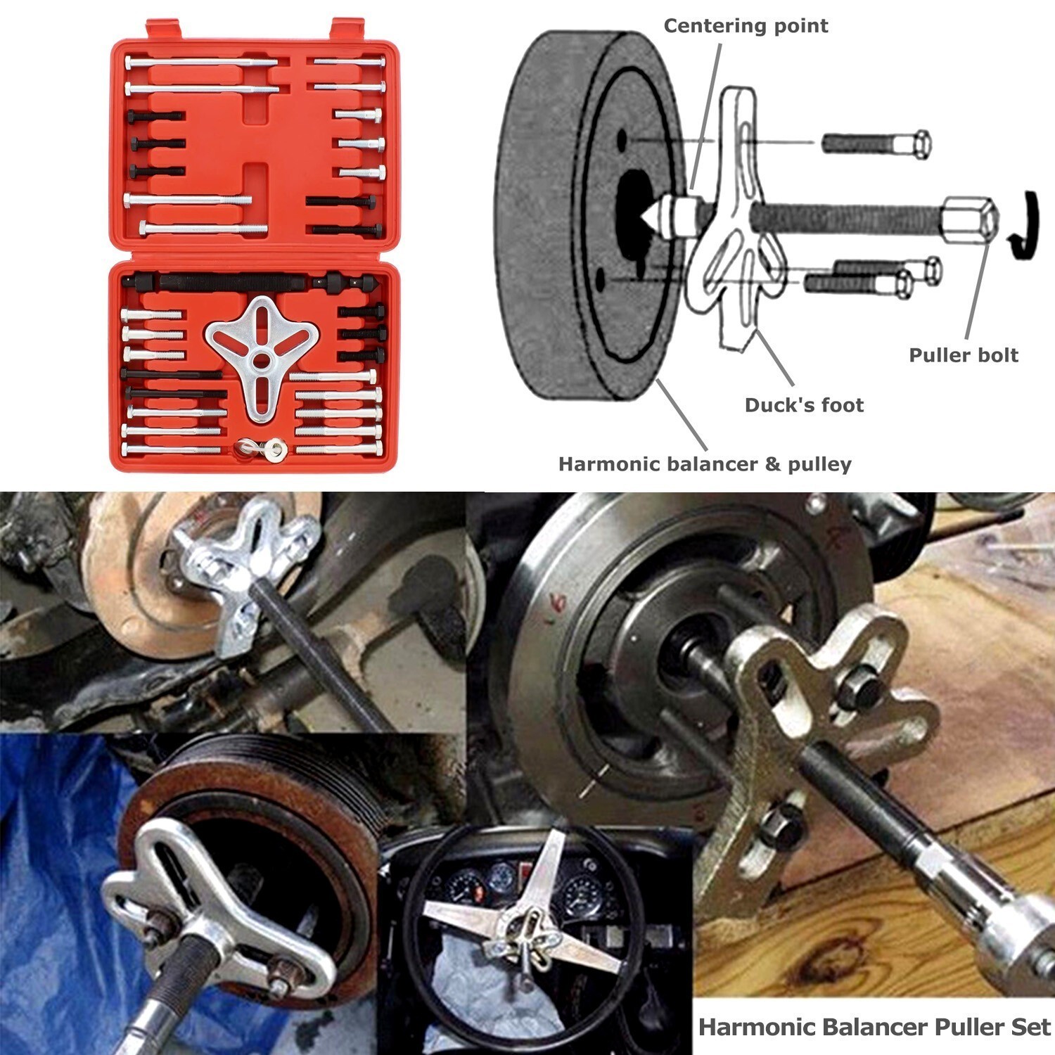 46pc Harmonic Balancer Puller Tool Set Gear Pulley Steering Wheel Removal