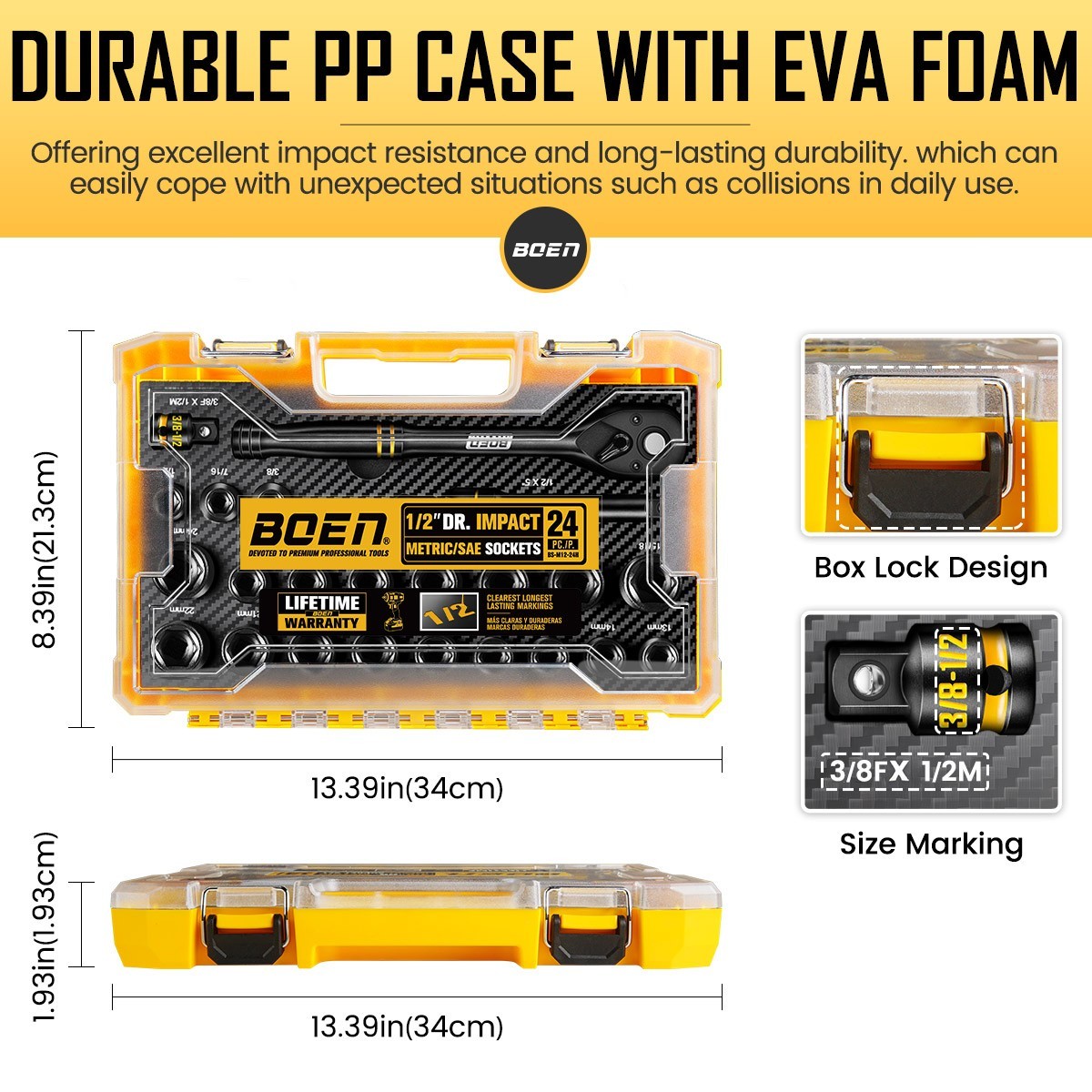 Boen 24-Piece 1/2″ Drive Socket Set, SAE (3/8″ to 15/16″) &Metric (10mm-24mm)