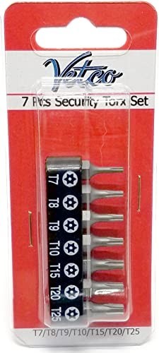 Torx Security Bit Set 7 Piece T7 T8 T9 T10 T15 T20 T25 S2 Hardened Steel 1/4