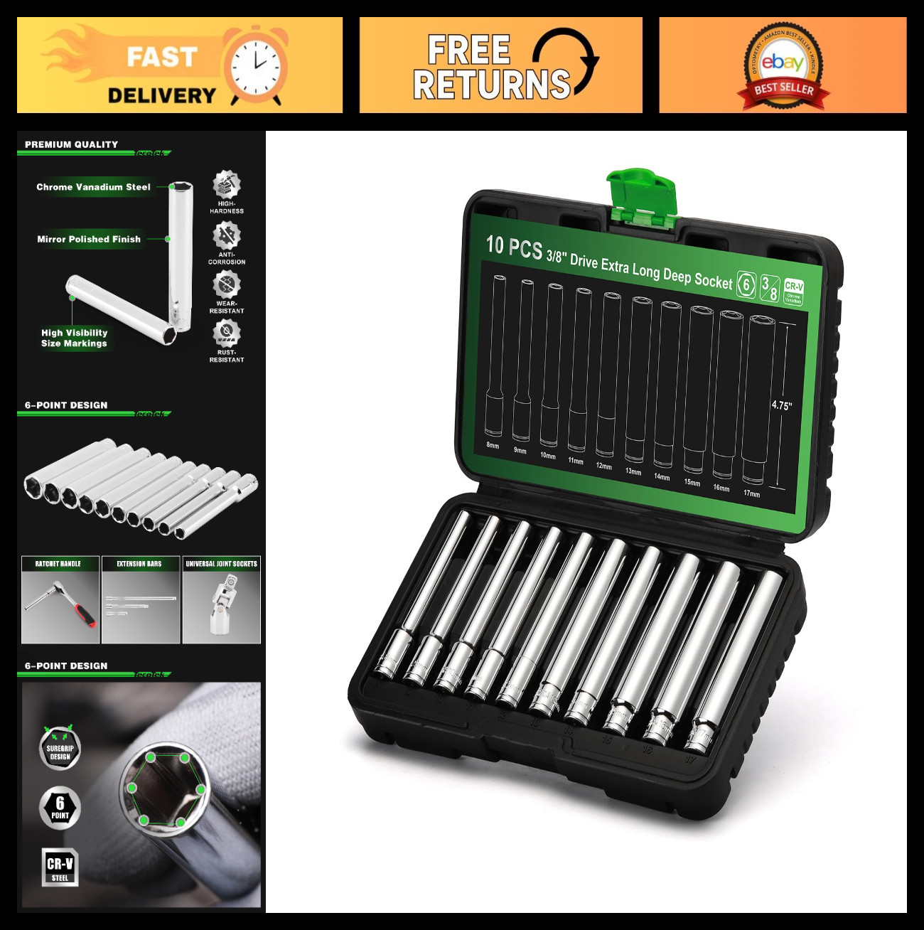 10PCS Extra Deep Metric Socket Set 3/8″ Drive, 6 Point, 8mm-17mm, 120MM CR-V