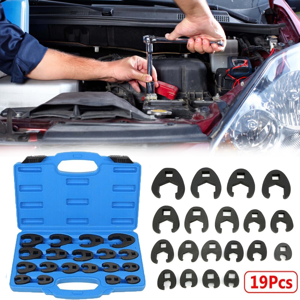 19PCS Flare Nut Crowfoot Wrench Set Metric Crows Foot Wrench Kit 3/8″ 1/2″ Drive