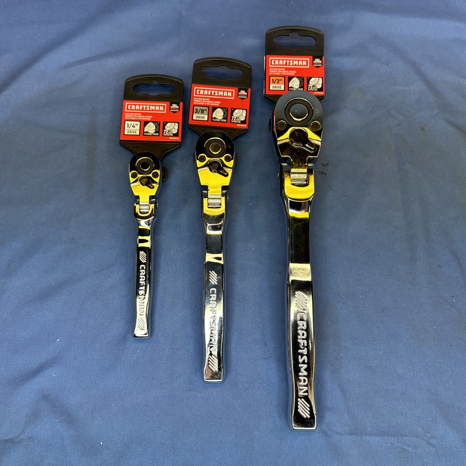 New Craftsman 3 Piece Set 72 Tooth Flex Head Ratchet ~1/2 «~3/8″ ~1/4» Drive