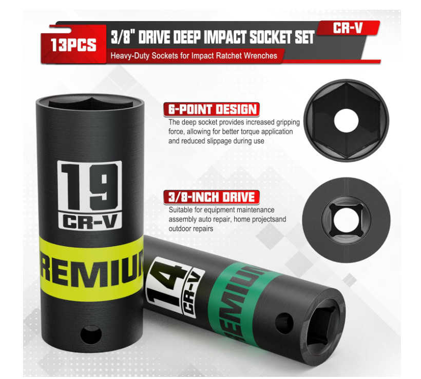 Juego 13 vasos impacto 3/8″ profundos 7-19mm CR-V 6 puntas resistente, automoció