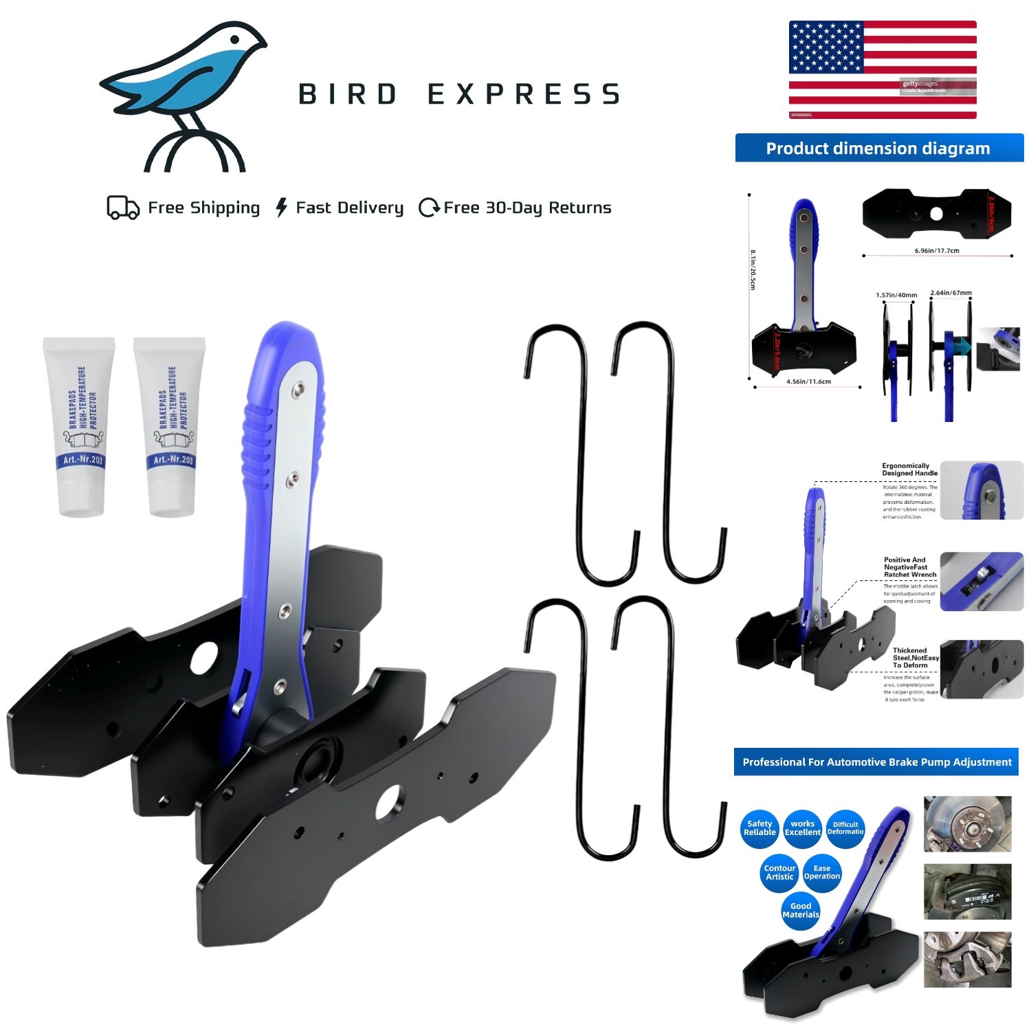 Brake Caliper Compression Tool Kit with 4 Hooks & Steel Plates for Car Repair