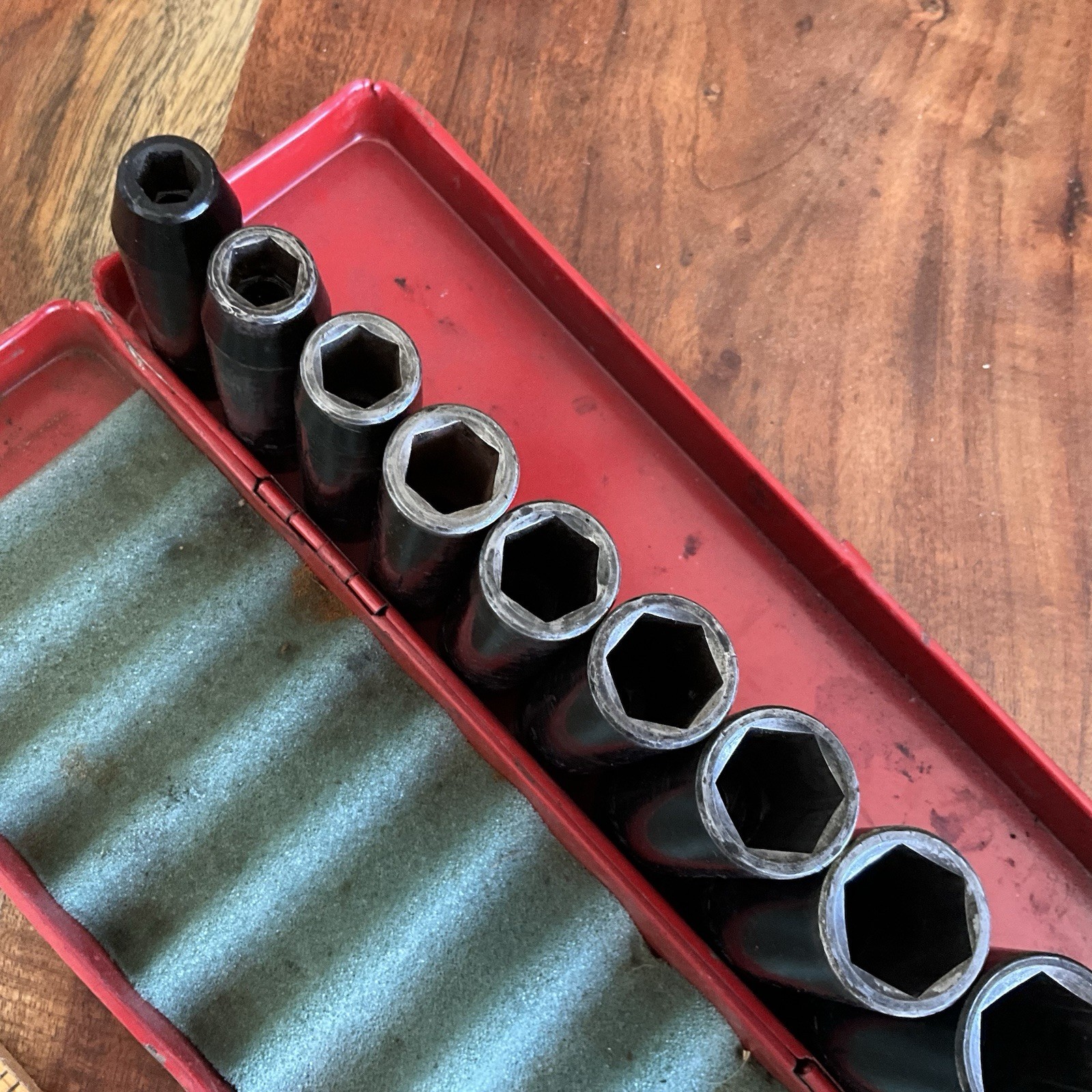 Vintage 11 Piece 1/2″ Square Drive Deep Impact Socket Set w Case 1″ to 3/8″