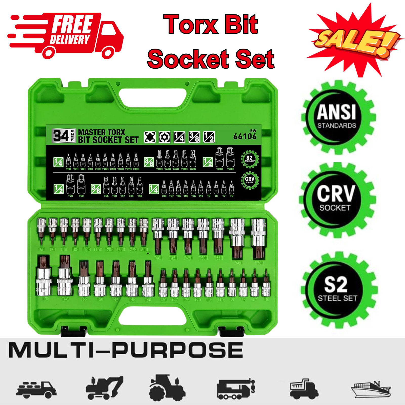 34 PCS Torx Bit Socket Set, S2 Steel, Tamper-Proof T6-T70, Durable Case Included