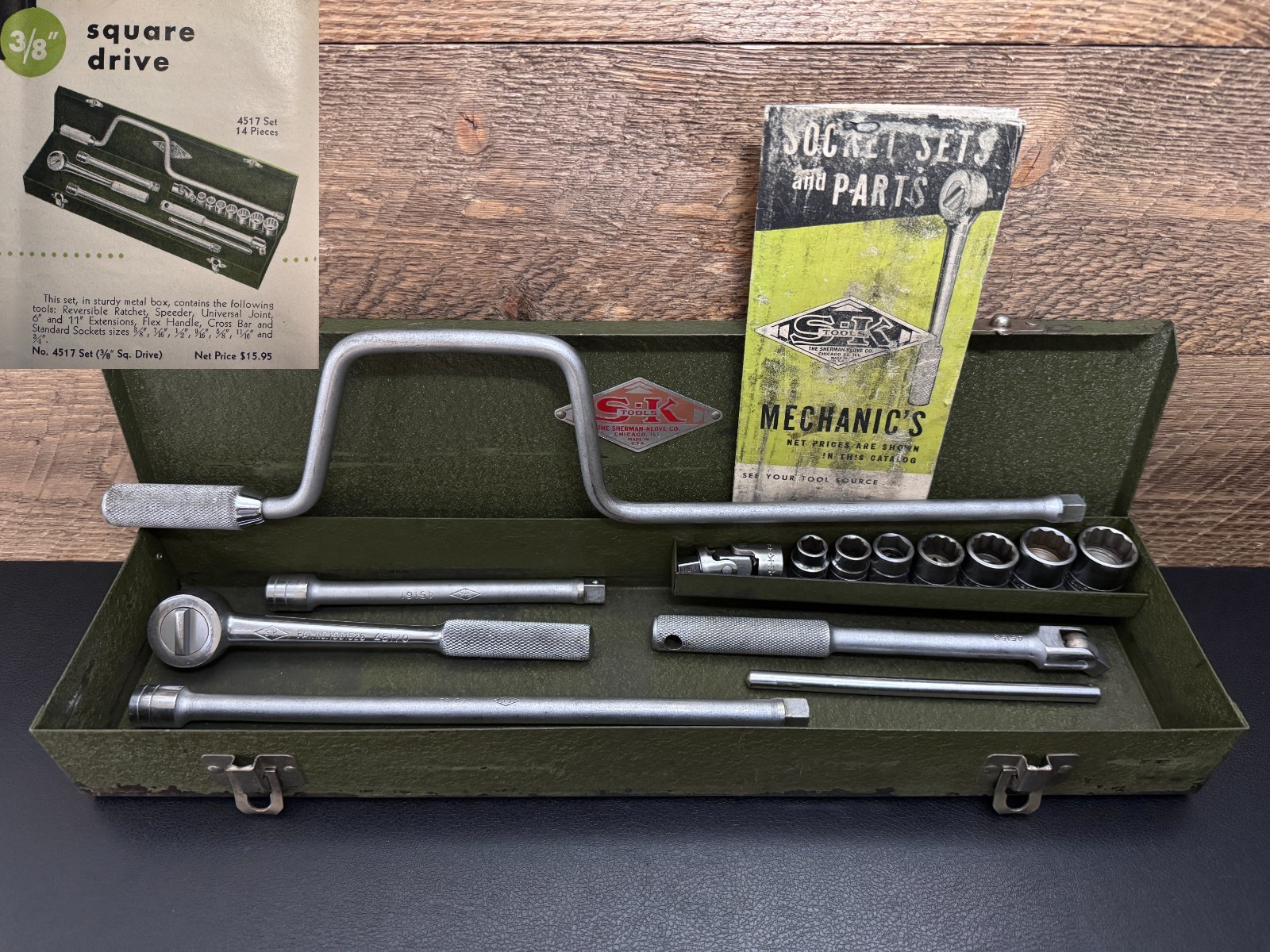 S-K Tools 3/8 Drive Socket Wrench Set 4517 14pc Metal Case & Catalog c 1940s USA