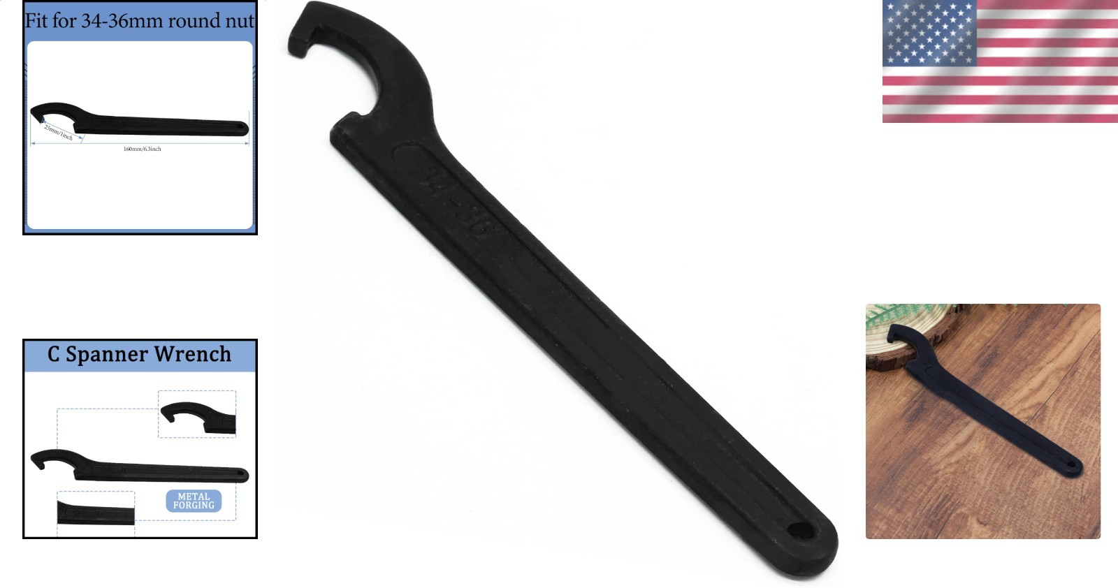 Heavy-Duty C Hook Wrench 34-36mm Carbon Steel Shock Nut Collet Adjustment Tool