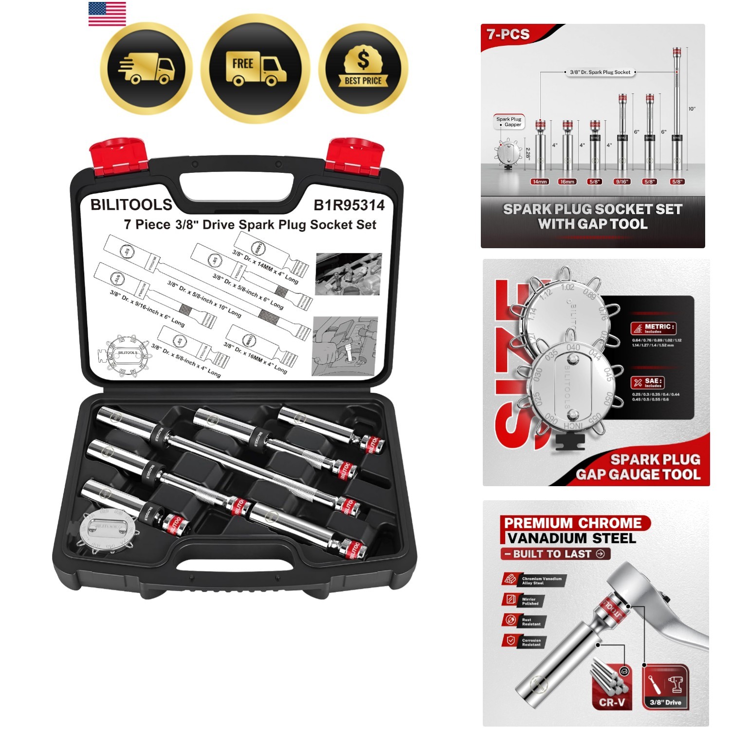 7pcs Magnetic Swivel Spark Plug Socket Set & Gap Tool, 3/8″ Drive | 9/16,5/8,…