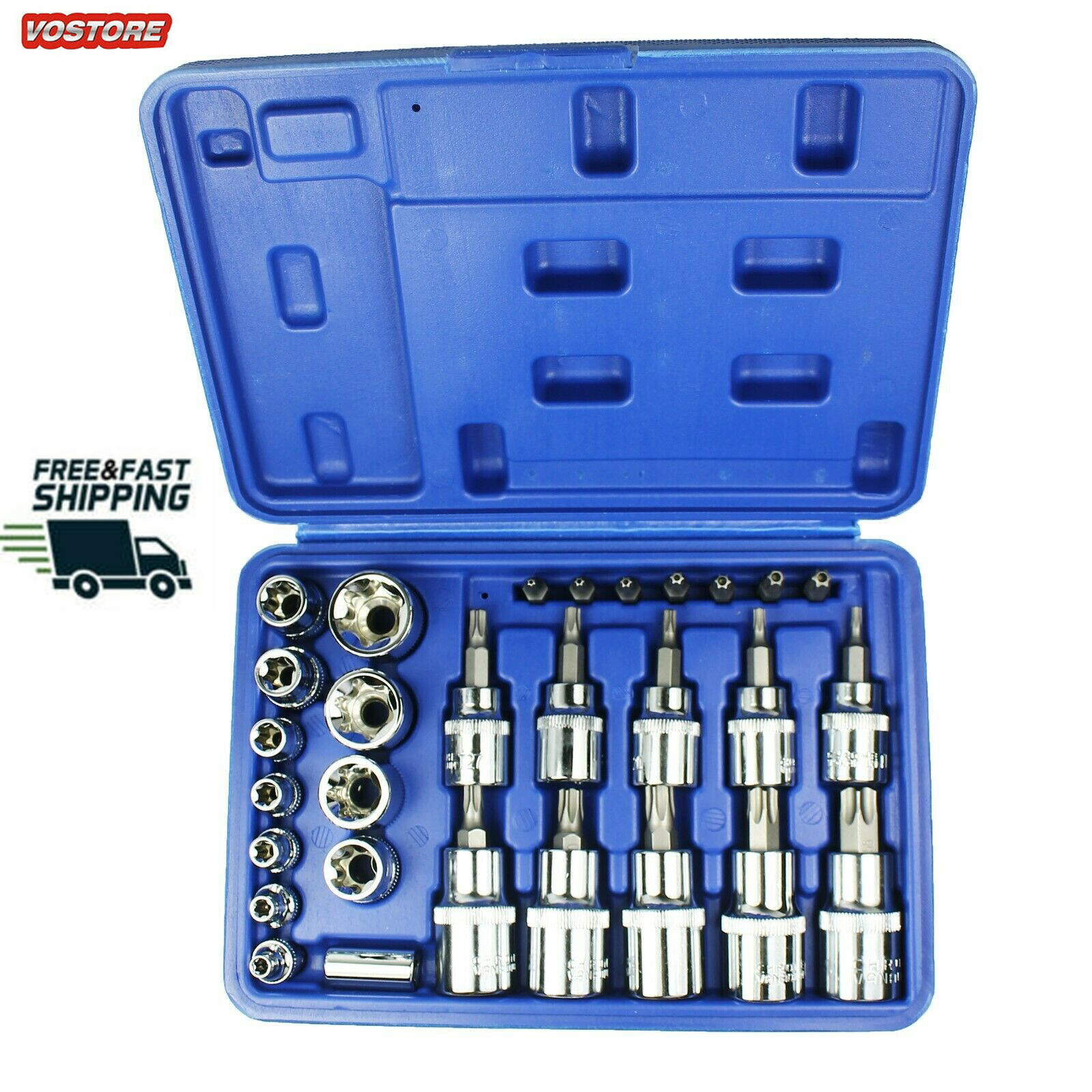 Set of 29PCS Torx Socket + Bit Kit 1/4″ 3/8″ 1/2″ Bright Chrome Vanadium Steel