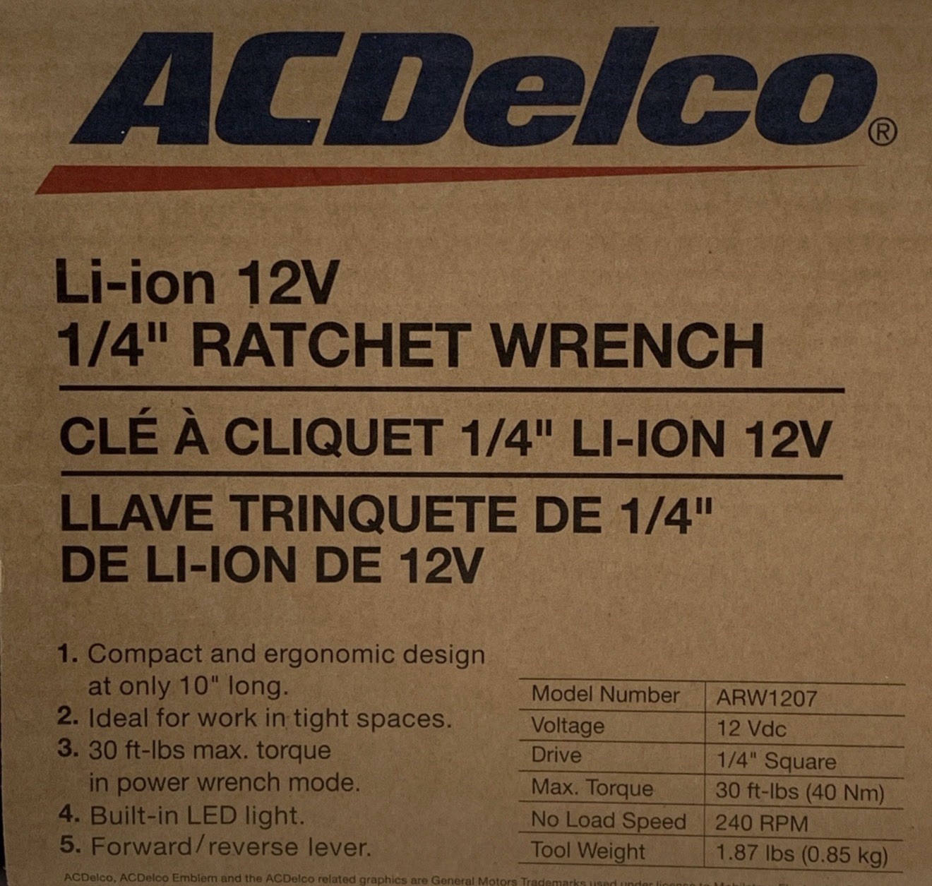 ACDelco ARW1207 1/4 Ratchet Wrench Built In LED Light Rechargeable Li-ion 12volt