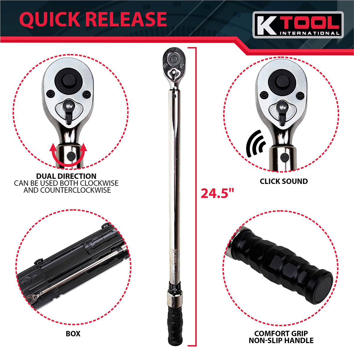 K-Tool 72126A 1/2″ Drive 24.5″ Long Adj Torque Wrench 30-250 ft/lb Capacity