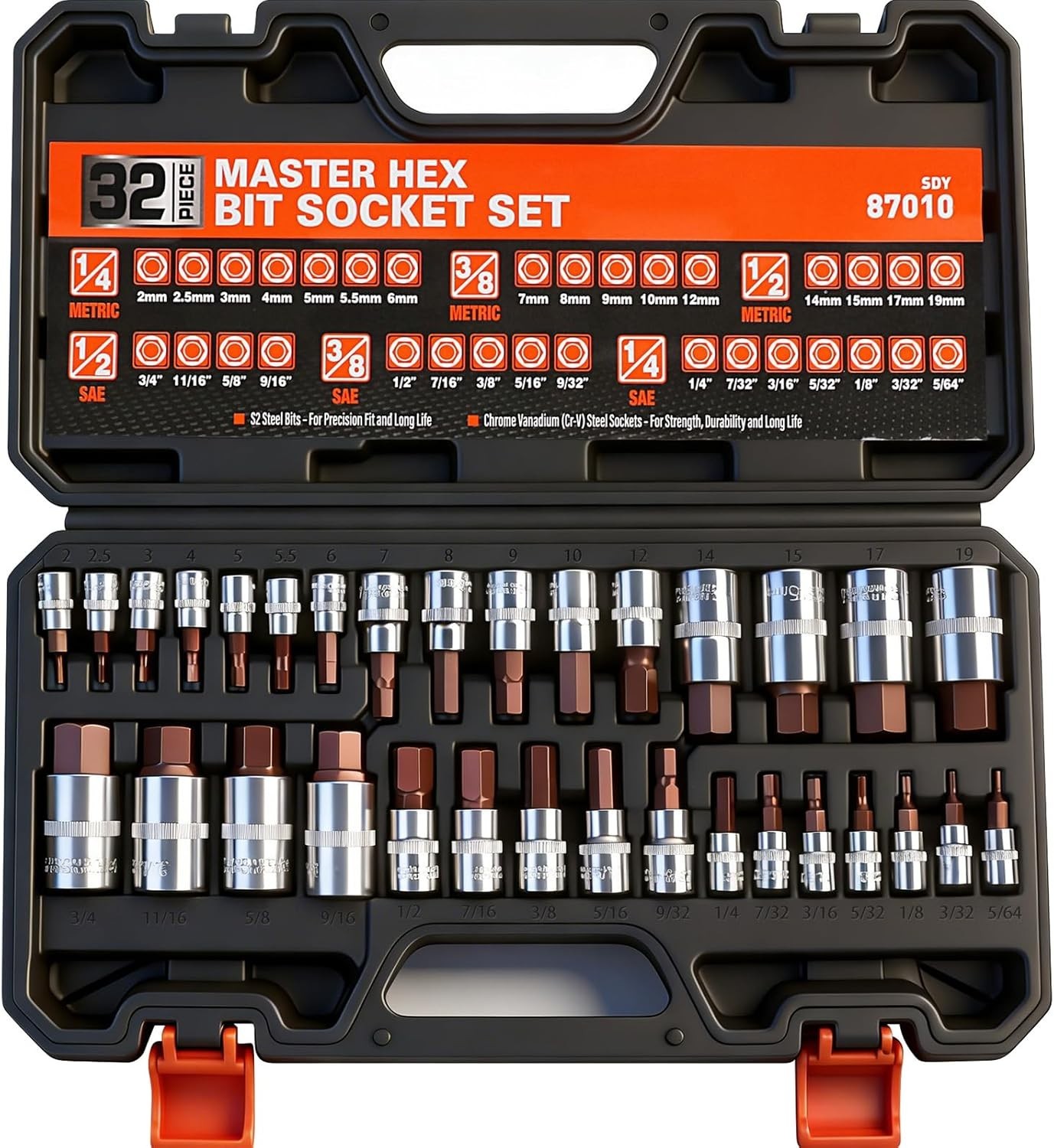 32pc Hex Bit Socket Set SAE Metric Allen Wrench S2 Steel 1/4 3/8 1/2 Drive Kit