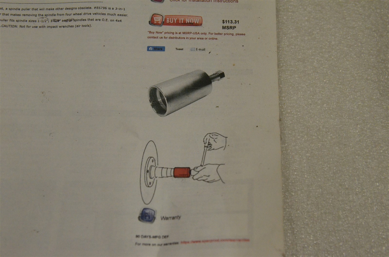 Specialty Products Company 85799 Spindle Puller for 1 1/2″ Spindle New Old Stock