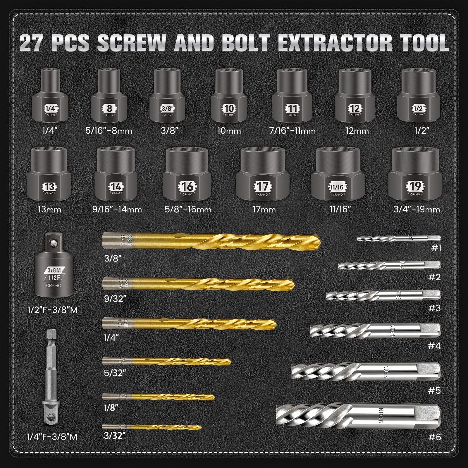 27-Piece Bolt Extractor kit for Broken, Damaged, Rusted, Rounded-Off Bolts, Nuts