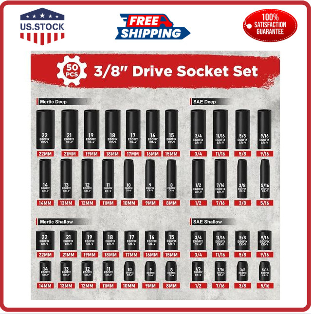 3/8 In. 50 Piece 6 Point Impact Socket Ratchet Drive and Metric Set