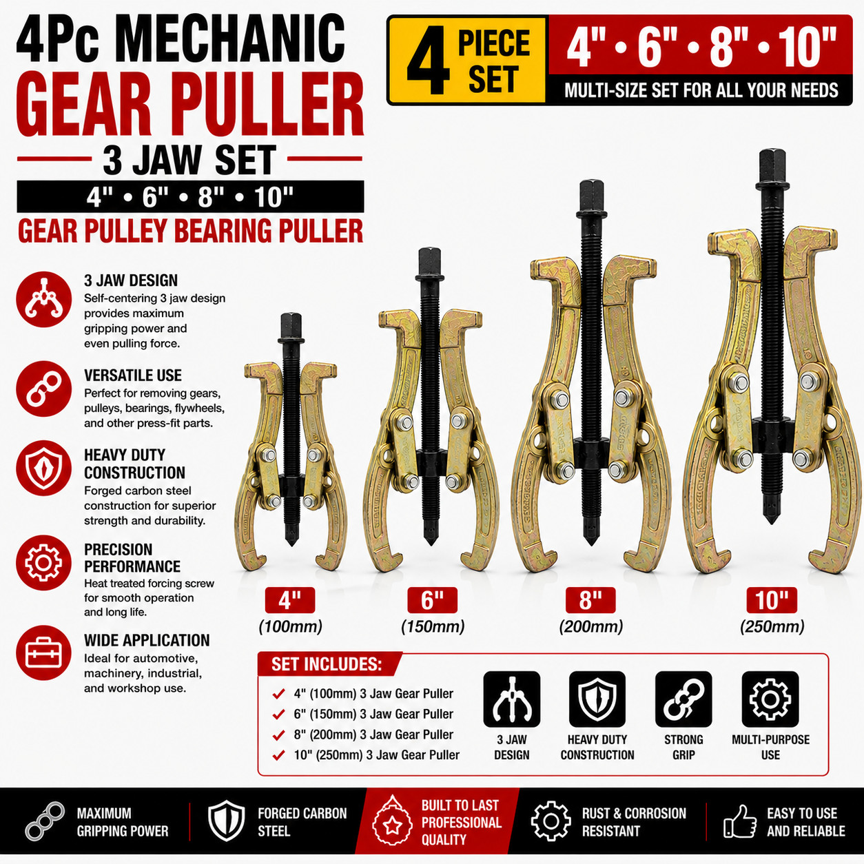 4pc Mechanic Gear Puller 3 Jaw Set 4″ 6″ 8″ 10″ Gear Pulley Bearing Puller HD