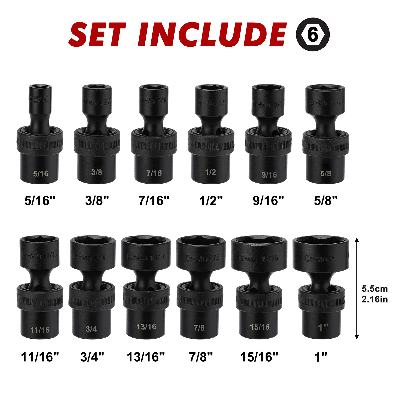 12 Pieces 3/8-Inch Drive Shallow Universal Impact Socket Set SAE, 5/16″-1″ CR-MO
