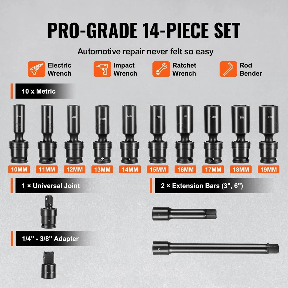 360 Degree Swivel Impact Sockets Set 14pcs 6-Point 3/8in Drive Socket Set