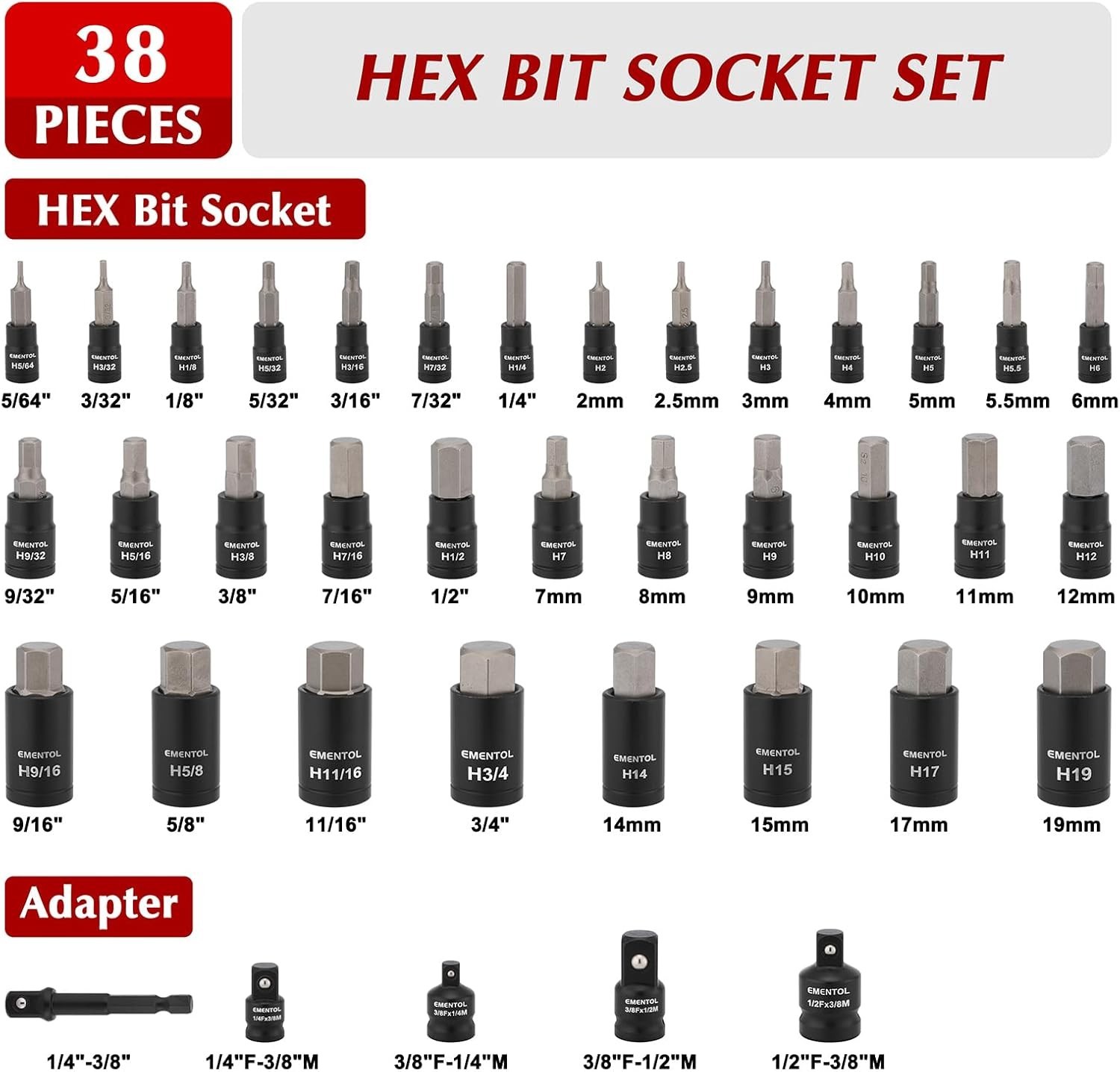 Juego de 38 dados Allen con punta hexagonal de 1/4″, 3/8″ y 1/2″, SAE/Métrico, i