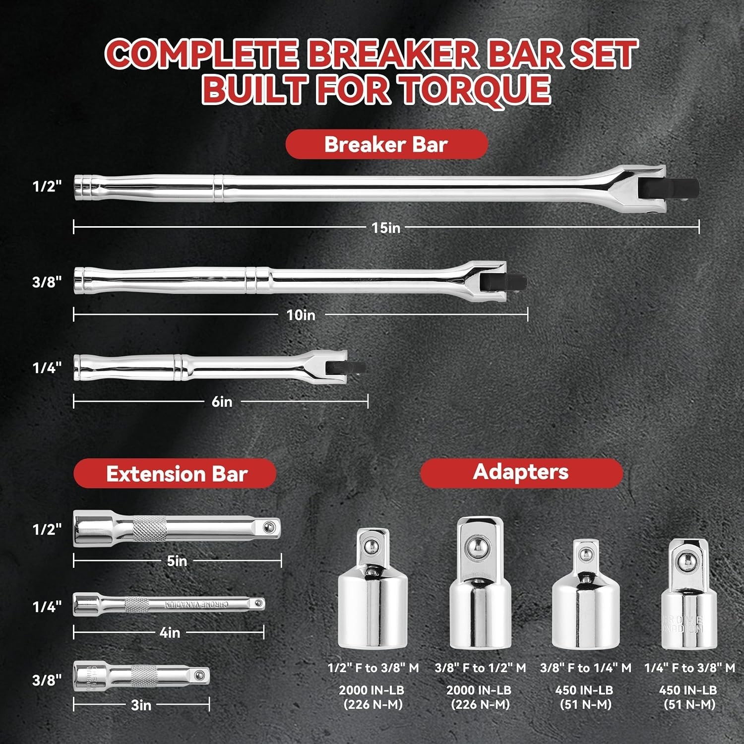 Breaker Bar Set 10 Pieces 3/8 In 1/2 In 1/4 In Drive Rotatable Head