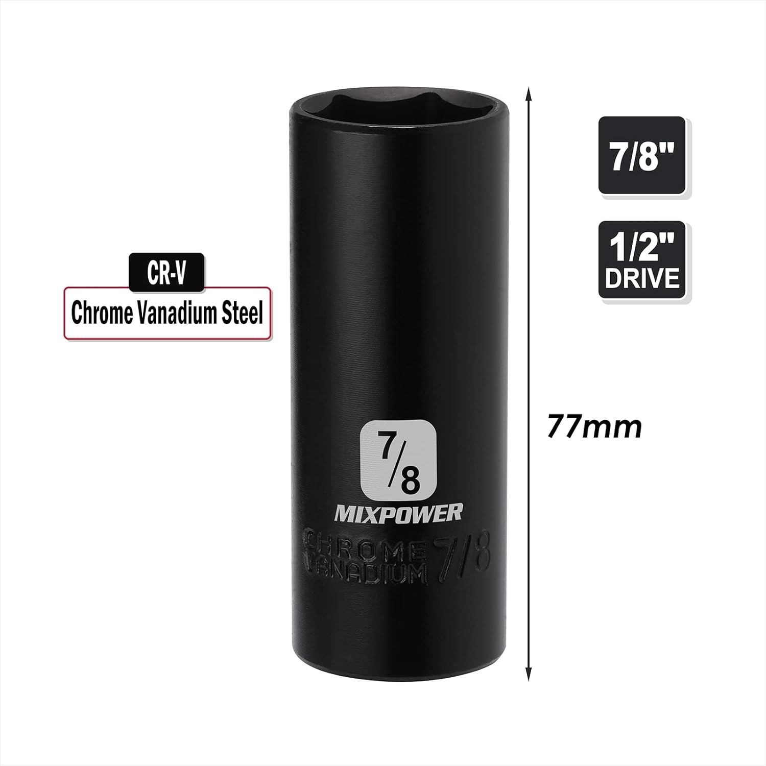1/2 Inch Drive 6 Point Impact Socket – 7/8 Inch Size, Laser Etched for Easy Use