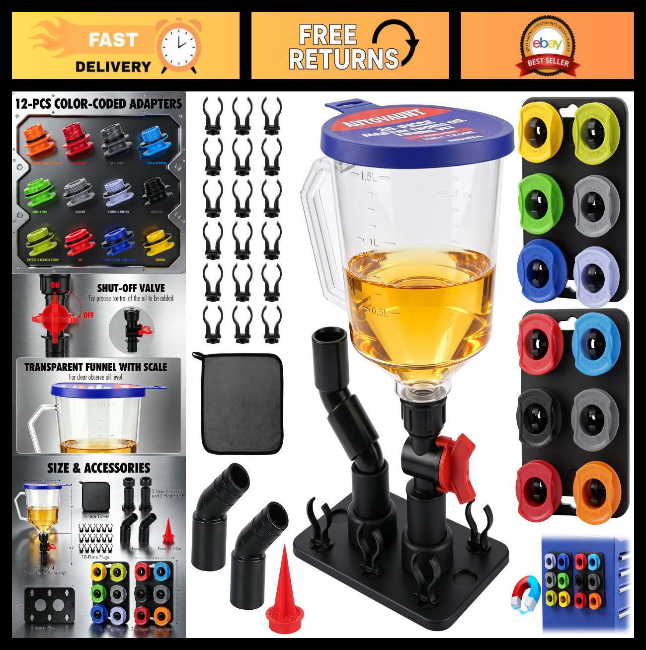 20-Piece Spill-Proof Oil Funnel Kit with 12 Adapters & Shut-Off Valve, Automotiv
