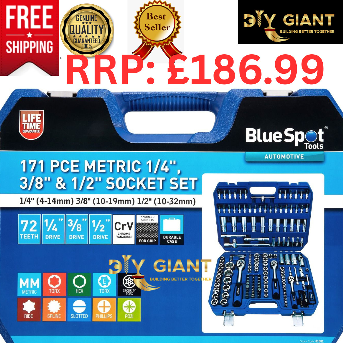 171 Pc Metric Socket Set 4mm-32mm 6 Point 1/4″ & 3/8″ & 1/2″ Drive Ratchet Set