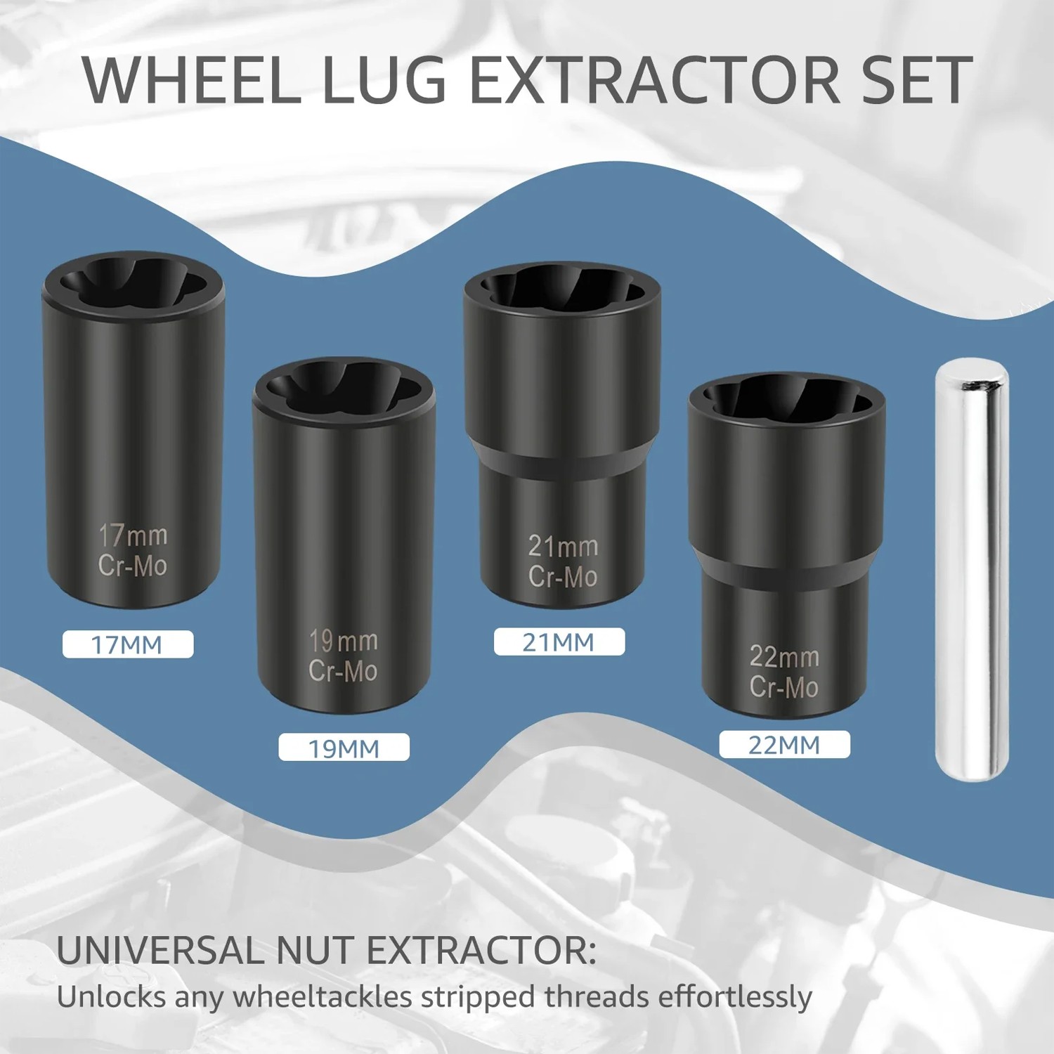 5pc Wheel Lock Removal Kit, Locking Lug Nut Removal Tool – 17MM,19MM, 21MM, 22MM