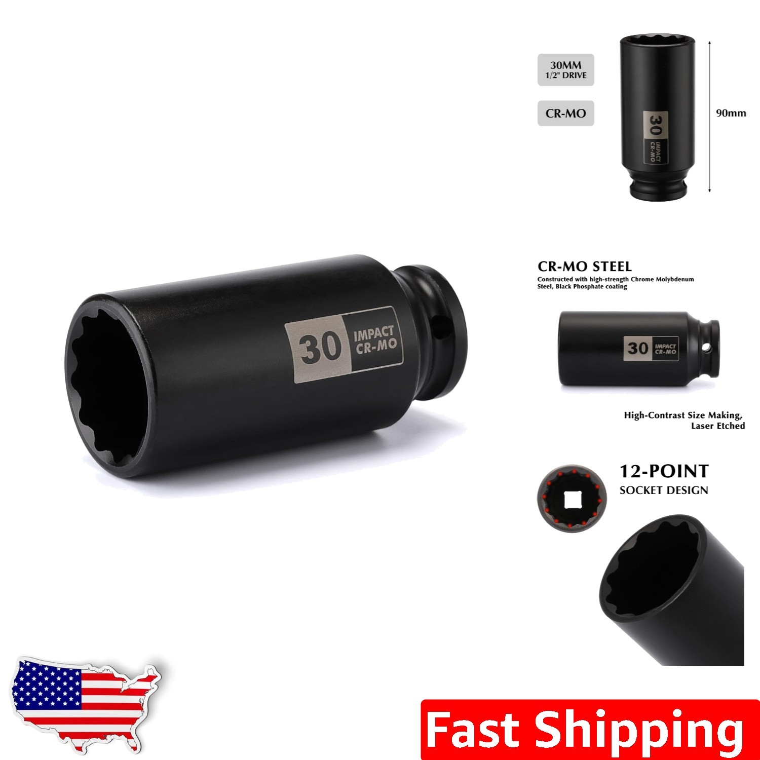 1/2 Inch Drive Deep Impact Socket 30mm Chrome Moly 12pt Metal Tool