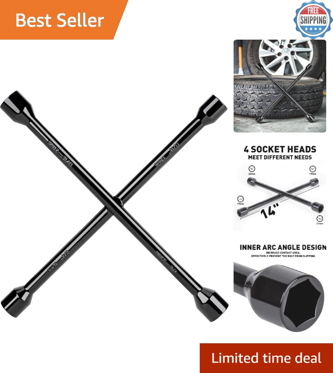 14-Inch Heavy Duty Universal Lug Wrench – 4 Way Tire Iron, Black Carbon Steel