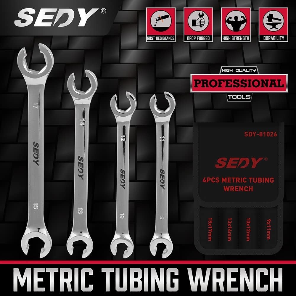 Durable 4-Piece Metric Flare Nut Wrench Set with Offset End and Storage Pouch