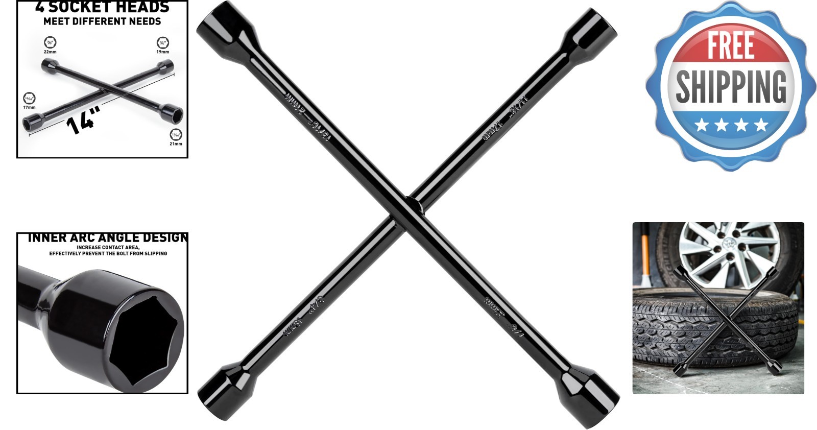 14-Inch Heavy Duty Universal Lug Wrench – 4 Way Tire Iron, Black Carbon Steel