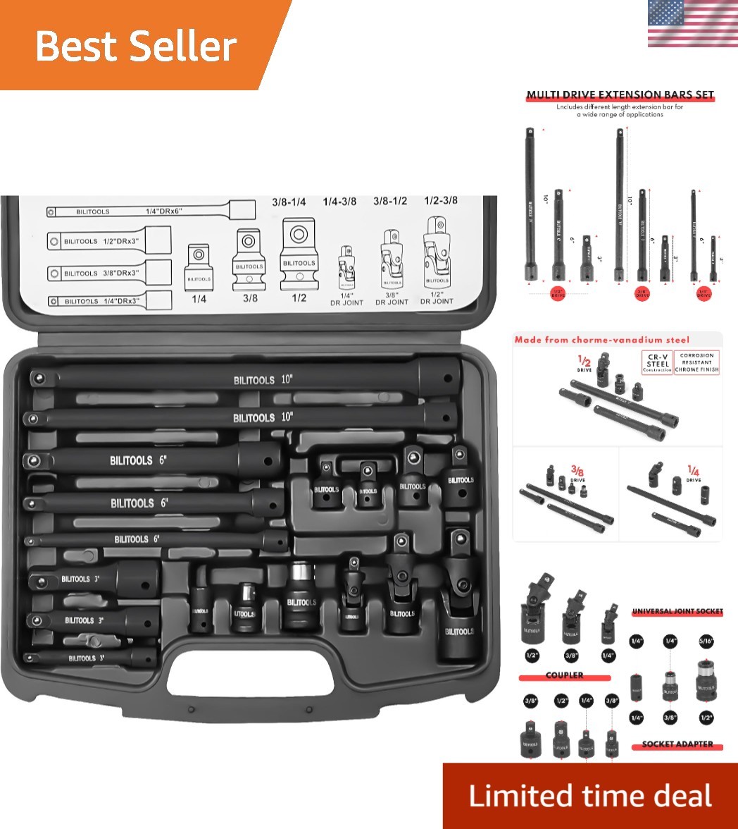 Impact Socket Extension Set with Storage Case – 1/4″, 3/8″, & 1/2″, 18-Piece Cr
