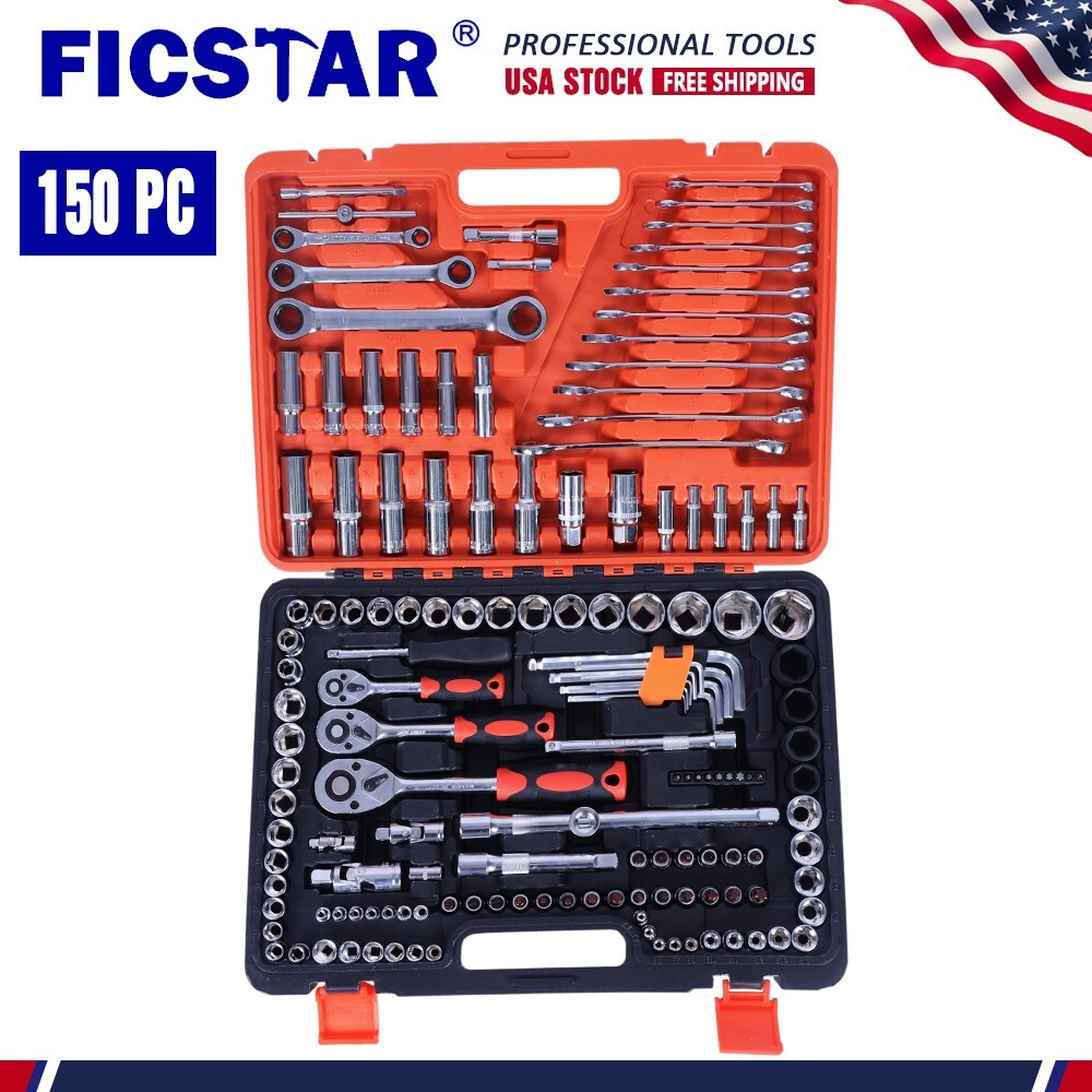 150pcs Mechanic Tool Kit and Socket Set With Case 1/2 & 1/4 & 3/8″ Drive Ratchet