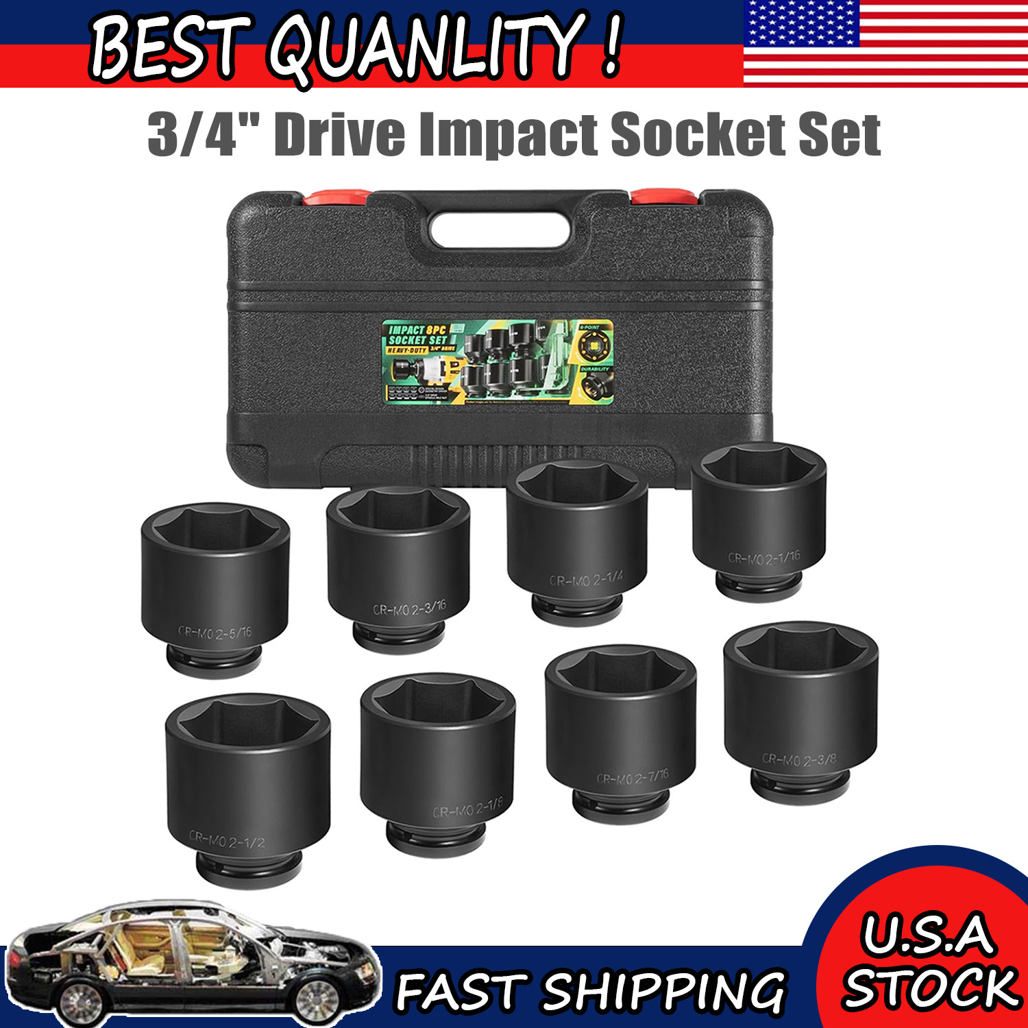 8pcs 3/4″ Drive Jumbo Deep Large Impact Socket Set 6 Point SAE 2-1/16″ to 2-1/2″