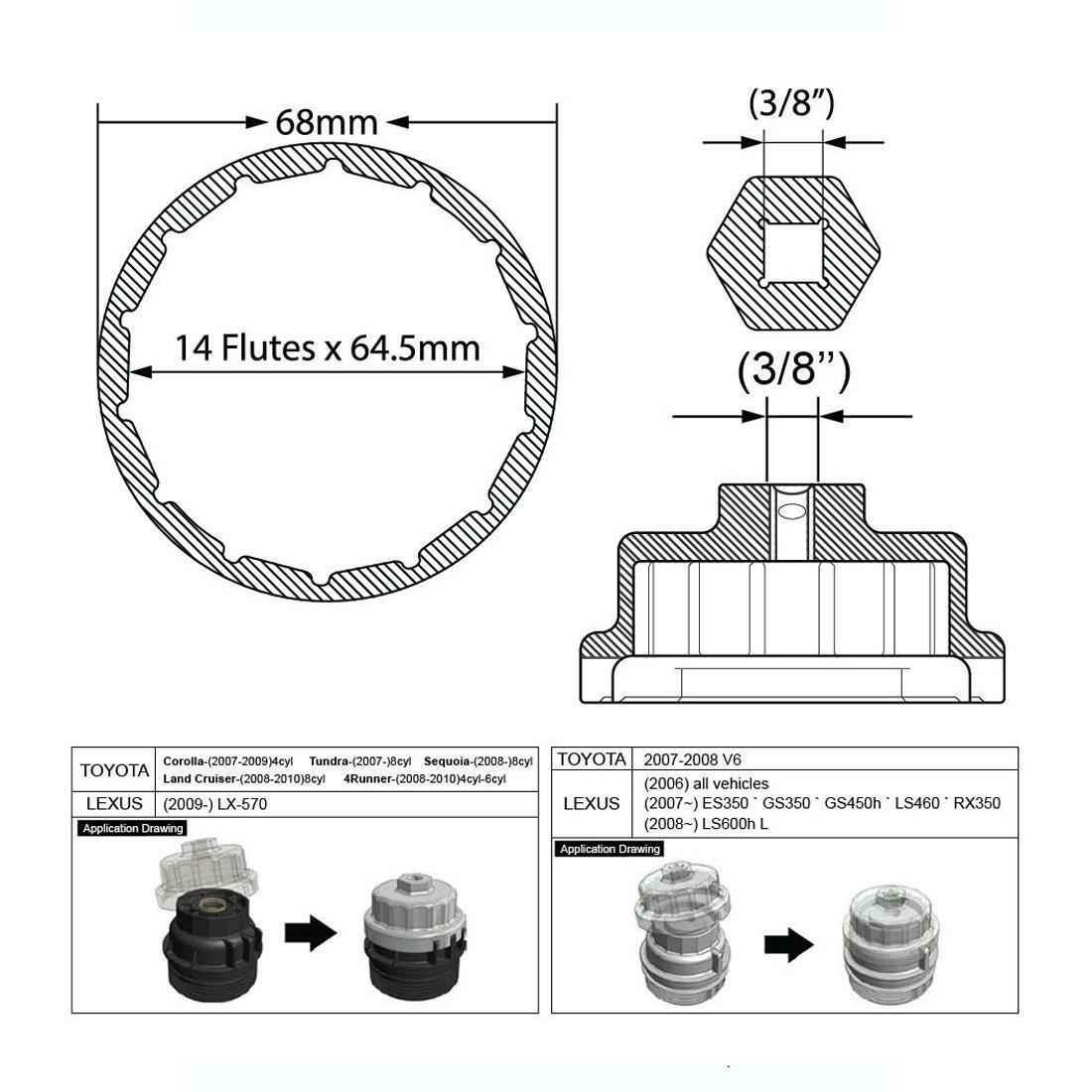 64mm Cap Oil Filter Wrench Housing for Toyota Lexus 2.5L-5.7L Engines