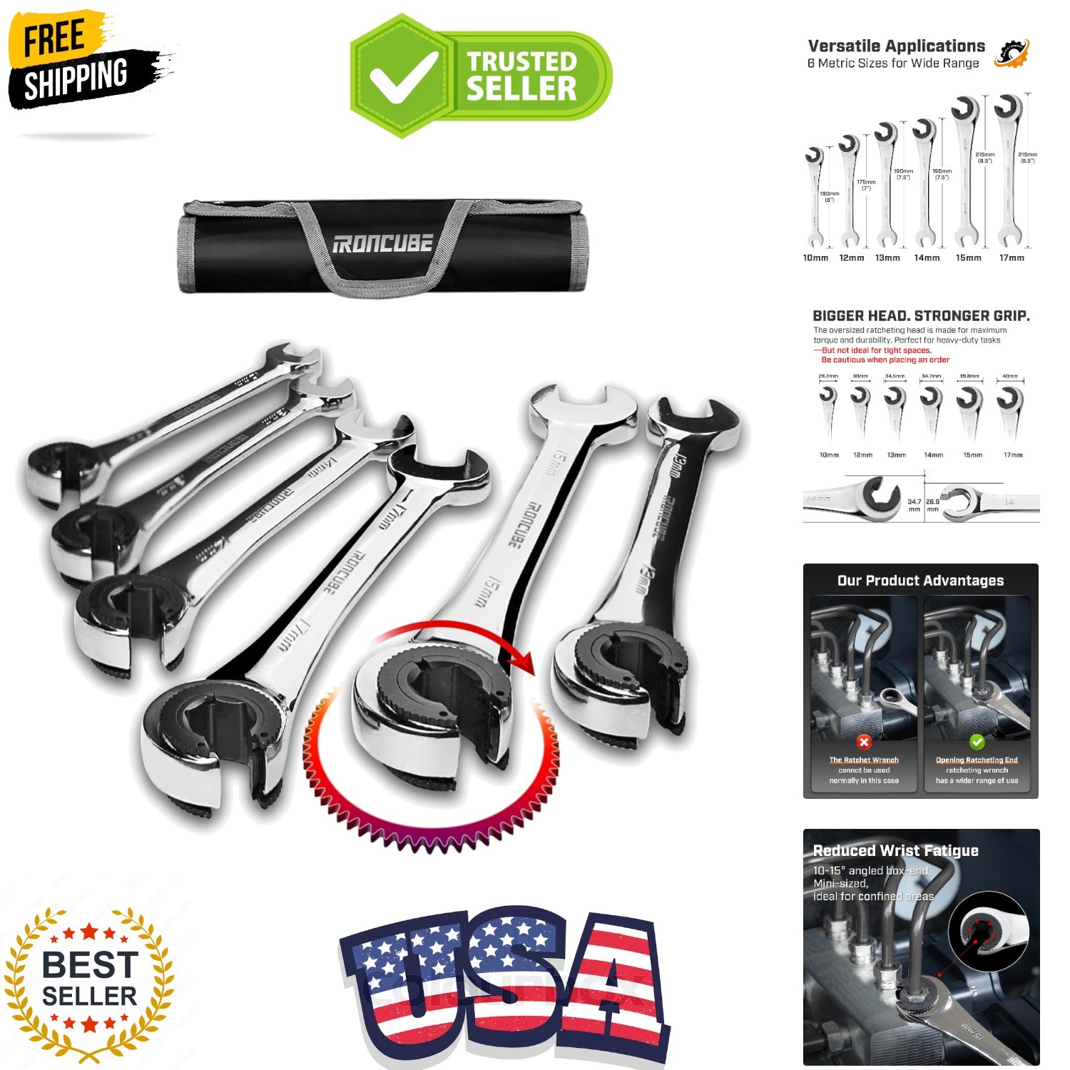 Brake Line Wrench Set: 6 Pcs Metric 10-17mm – Ratcheting Open-end for Nuts on…