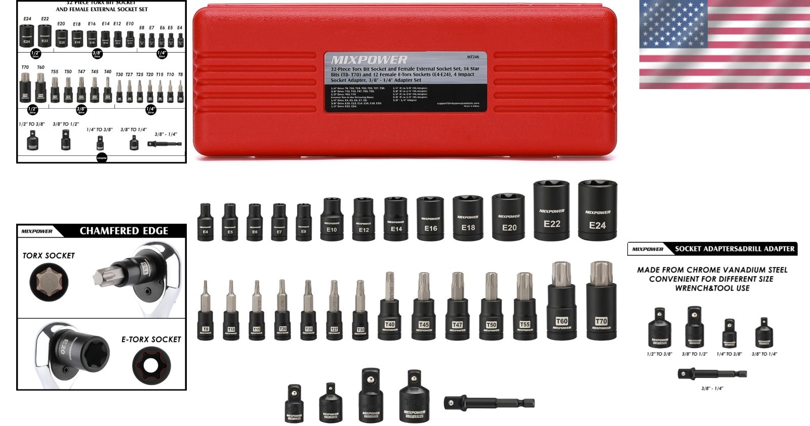 32PCS Torx Bit and E-Torx Socket Set | CR-V & S2 Steel, T8-T70, E4-E24