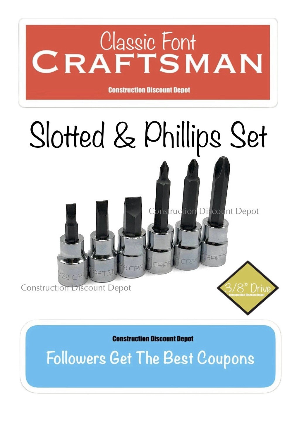 6 Craftsman 3/8″ Drive Phillips & Slotted Flat Screwdriver Socket Bit Set