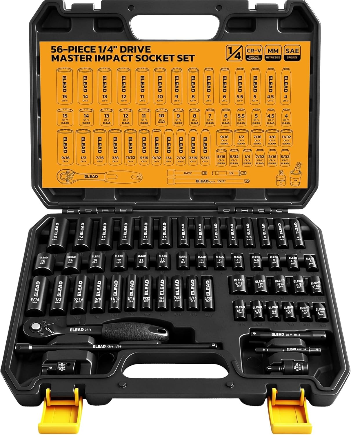 56pcs 1/4″ Drive Impact Socket Set with Case,SAE & Metric,Deep & Shallow,6-Point