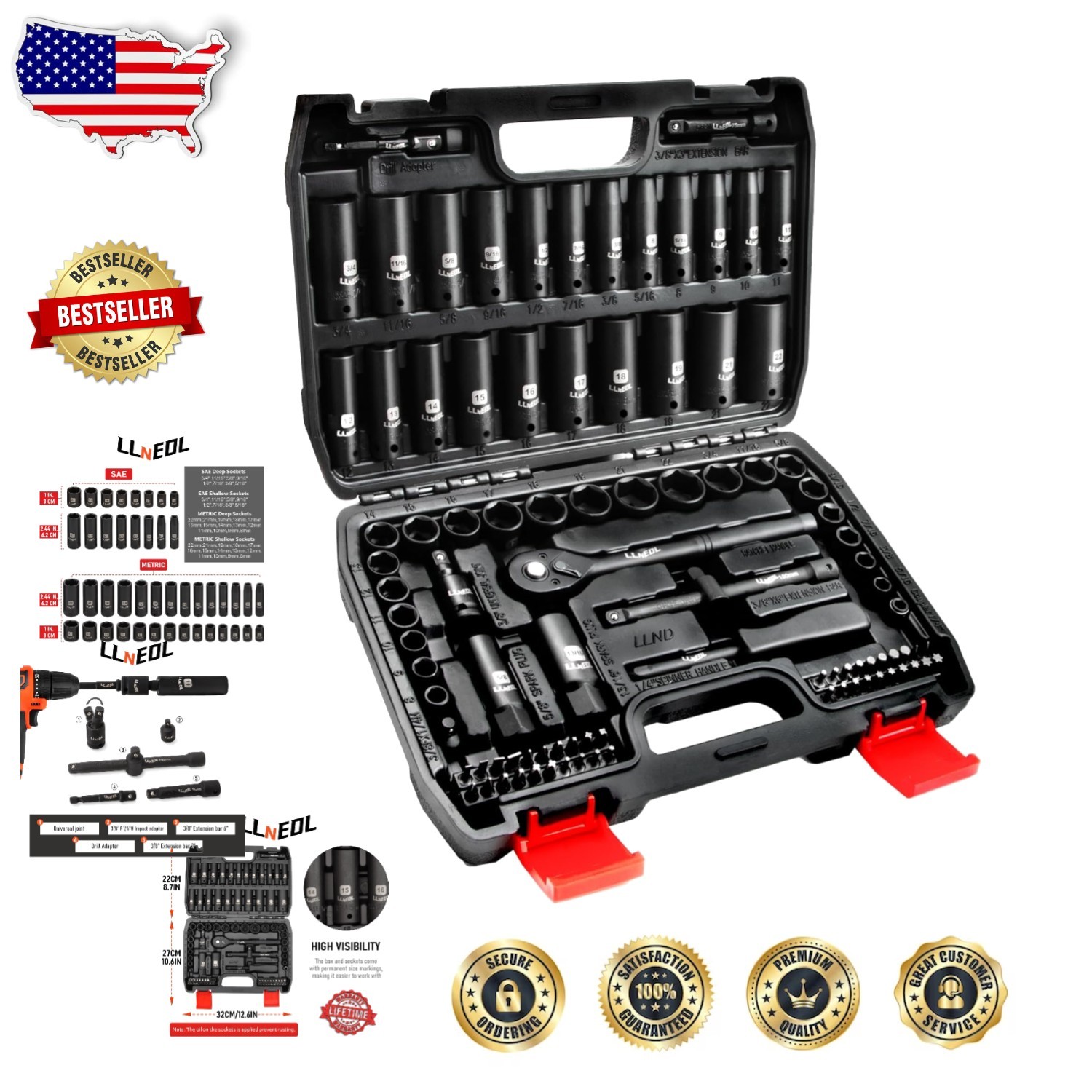 Pro 95pc 3/8″ Socket Wrench Set | Oil Rubbed Chrome Vanadium | Metric SAE |
