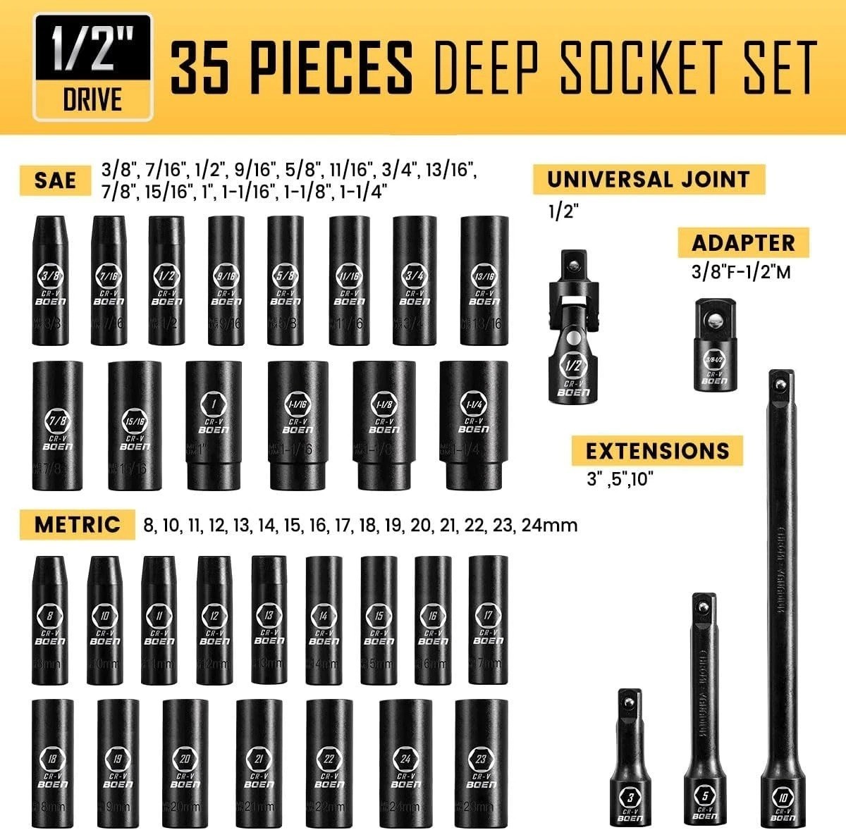 Durable 35-Piece Chrome Vanadium 1/2″ Drive Impact Socket Set with Extensions